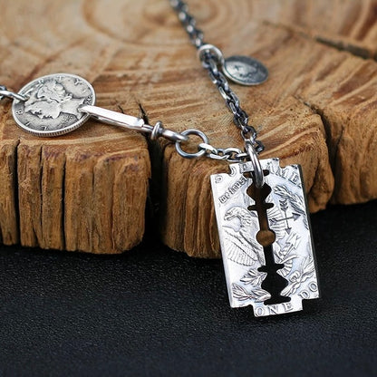 Antique Multi US Silver Coin Razor Blade Necklace