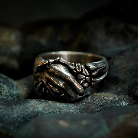 Skeleton Handshake Men’s Silver Band Ring