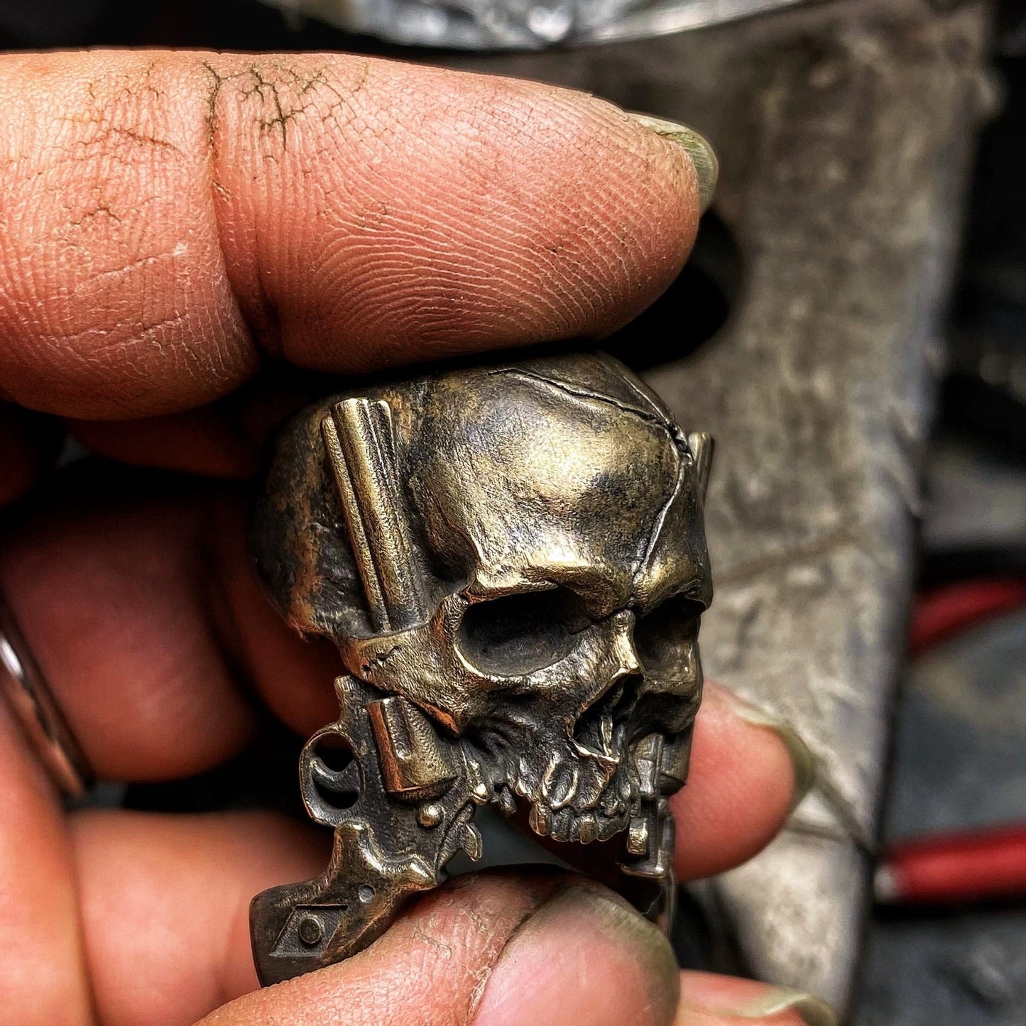 Wild Western Cowboy Double Pistol Gunslinger Skull Men’s Silver Ring