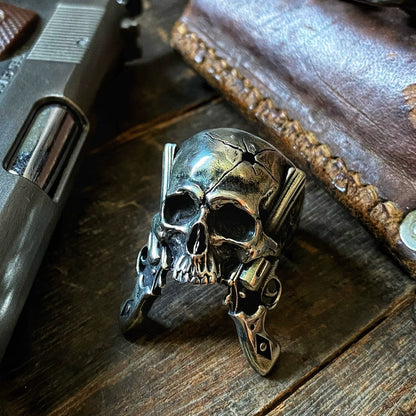 Wild Western Cowboy Double Pistol Gunslinger Skull Men’s Silver Ring