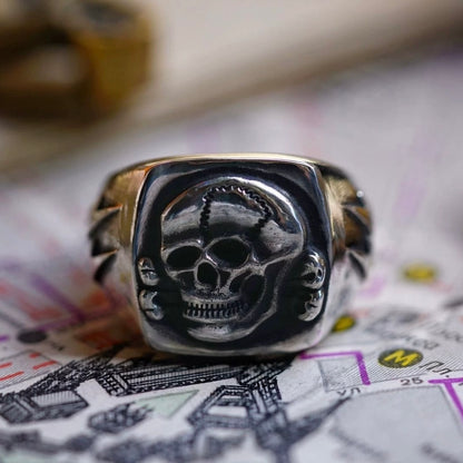 Solid Skull with Danger Sign Men’s Silver Biker Ring