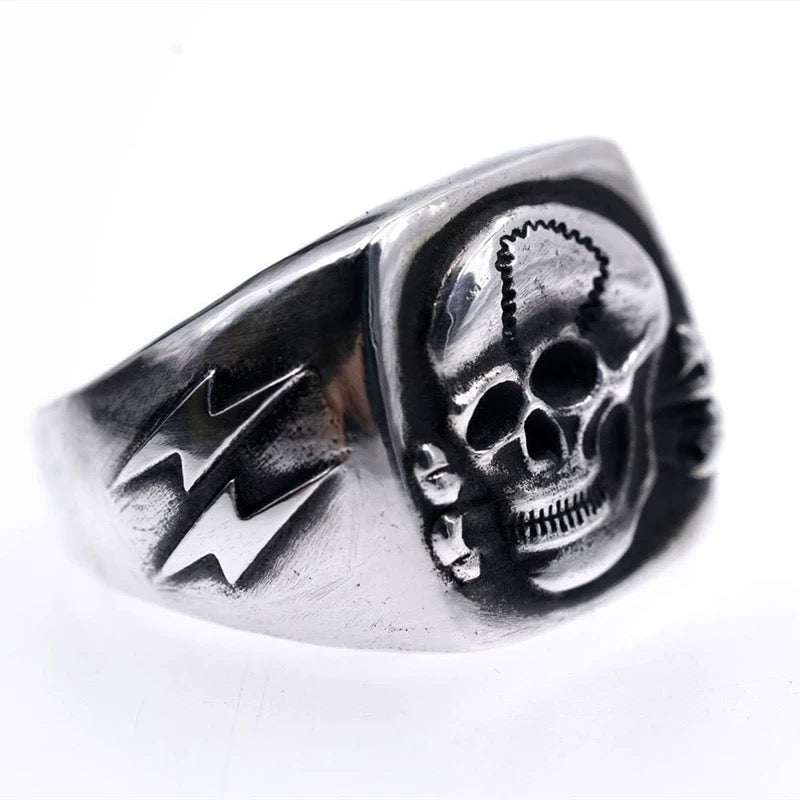 Solid Skull with Danger Sign Men’s Silver Biker Ring