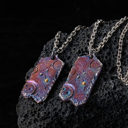 Multi-Colored Galaxy Silver Necklace with Planet Engravings and 24K Gold Meteorite Accent