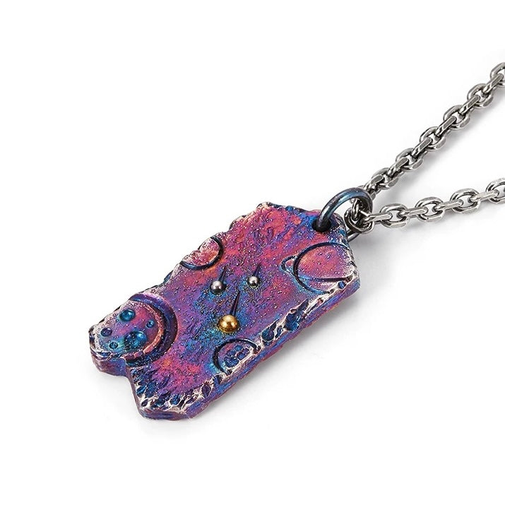 Multi-Colored Galaxy Silver Necklace with Planet Engravings and 24K Gold Meteorite Accent