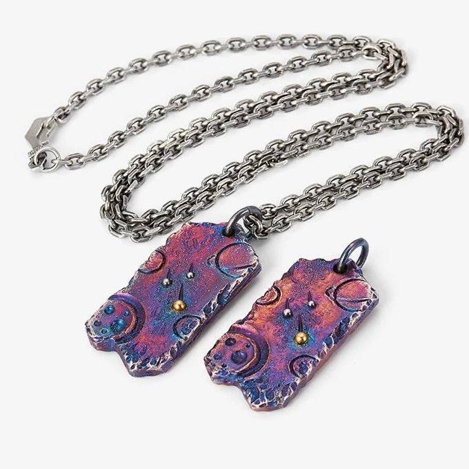 Multi-Colored Galaxy Silver Necklace with Planet Engravings and 24K Gold Meteorite Accent