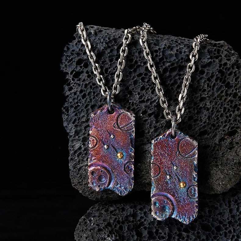 Multi-Colored Galaxy Silver Necklace with Planet Engravings and 24K Gold Meteorite Accent