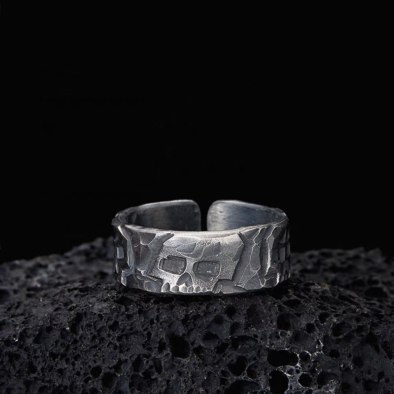 Vintage Engraved Gothic Skull Silver Cuff Ring