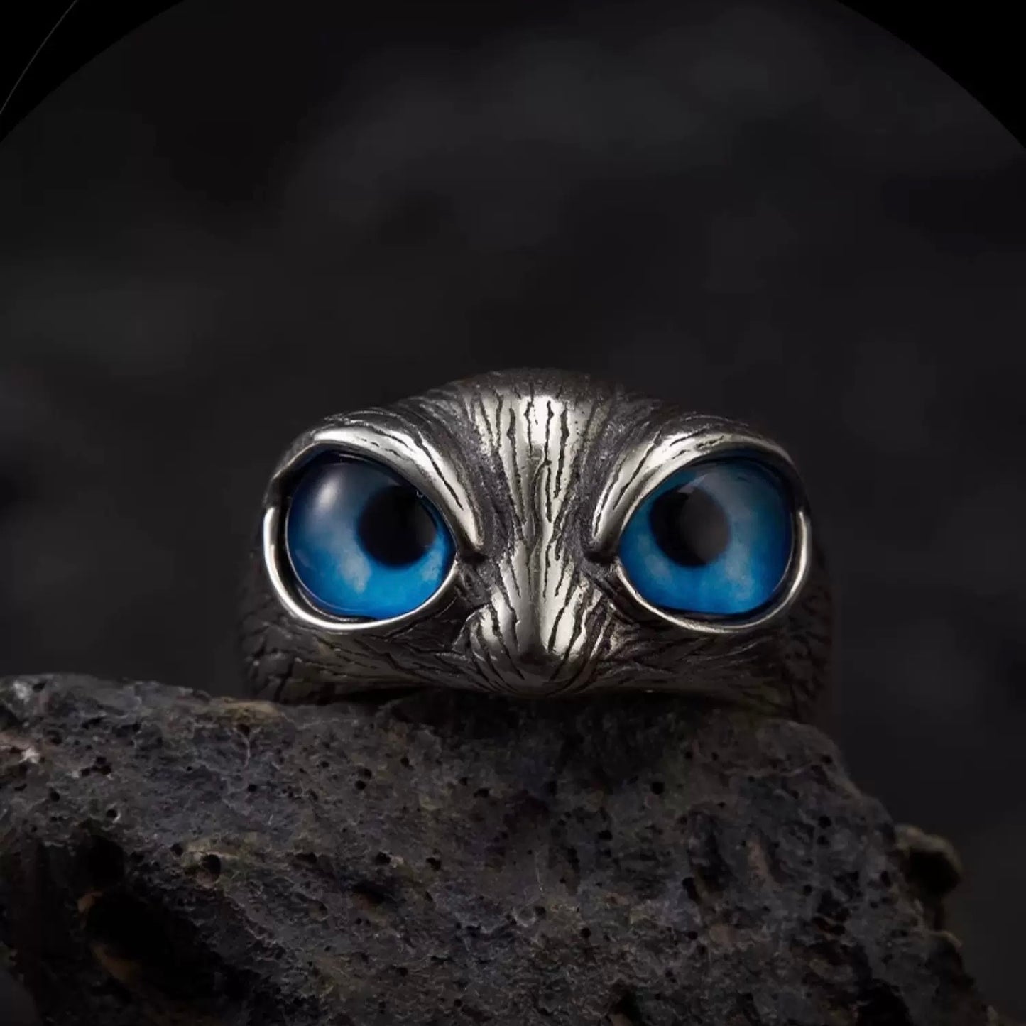 The Owl with Blue Eyes Silver Cuff Ring