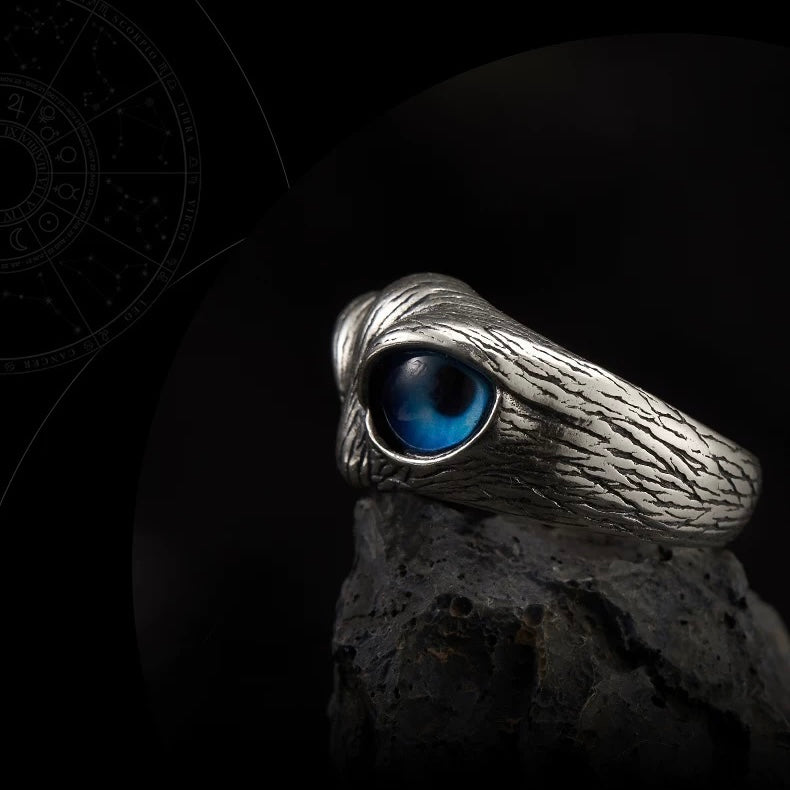 The Owl with Blue Eyes Silver Cuff Ring