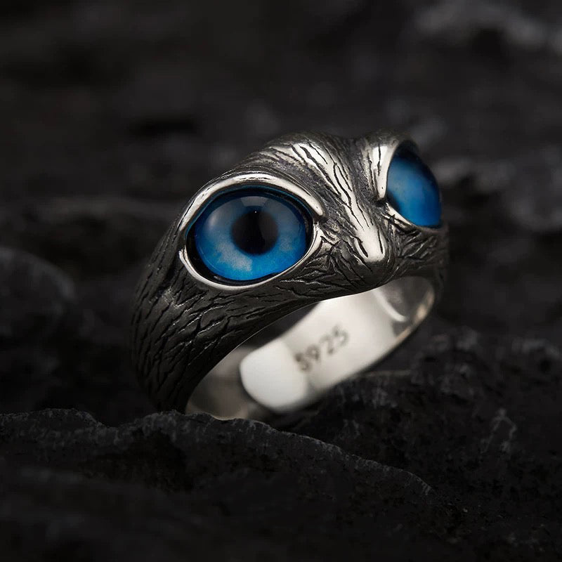 The Owl with Blue Eyes Silver Cuff Ring