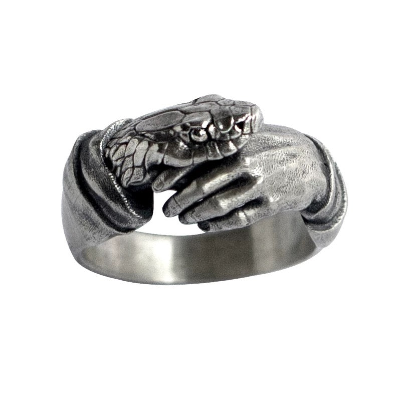 The Hand That Bites Snake Shakehand Tattoo Men’s Silver Band Ring with Gemstone Options