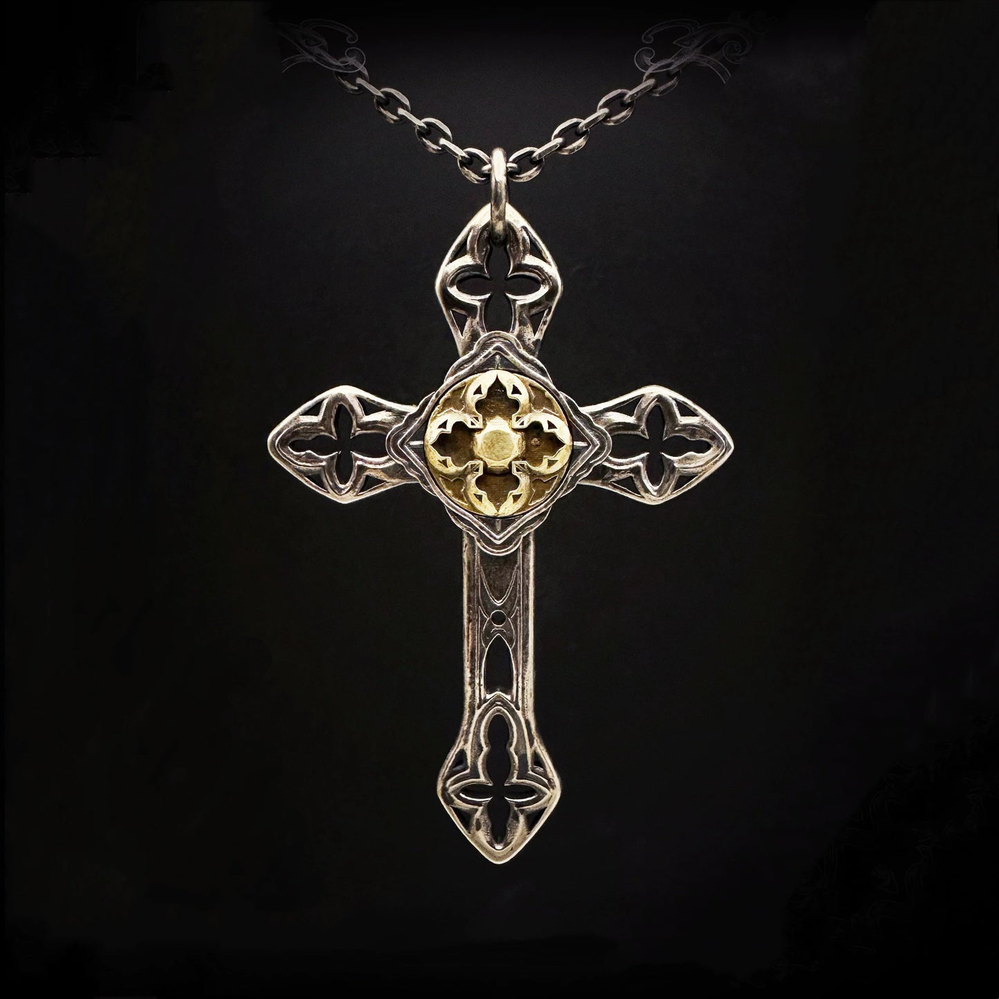 Gothic Medieval Skull Cross with Floral  Silver Necklace