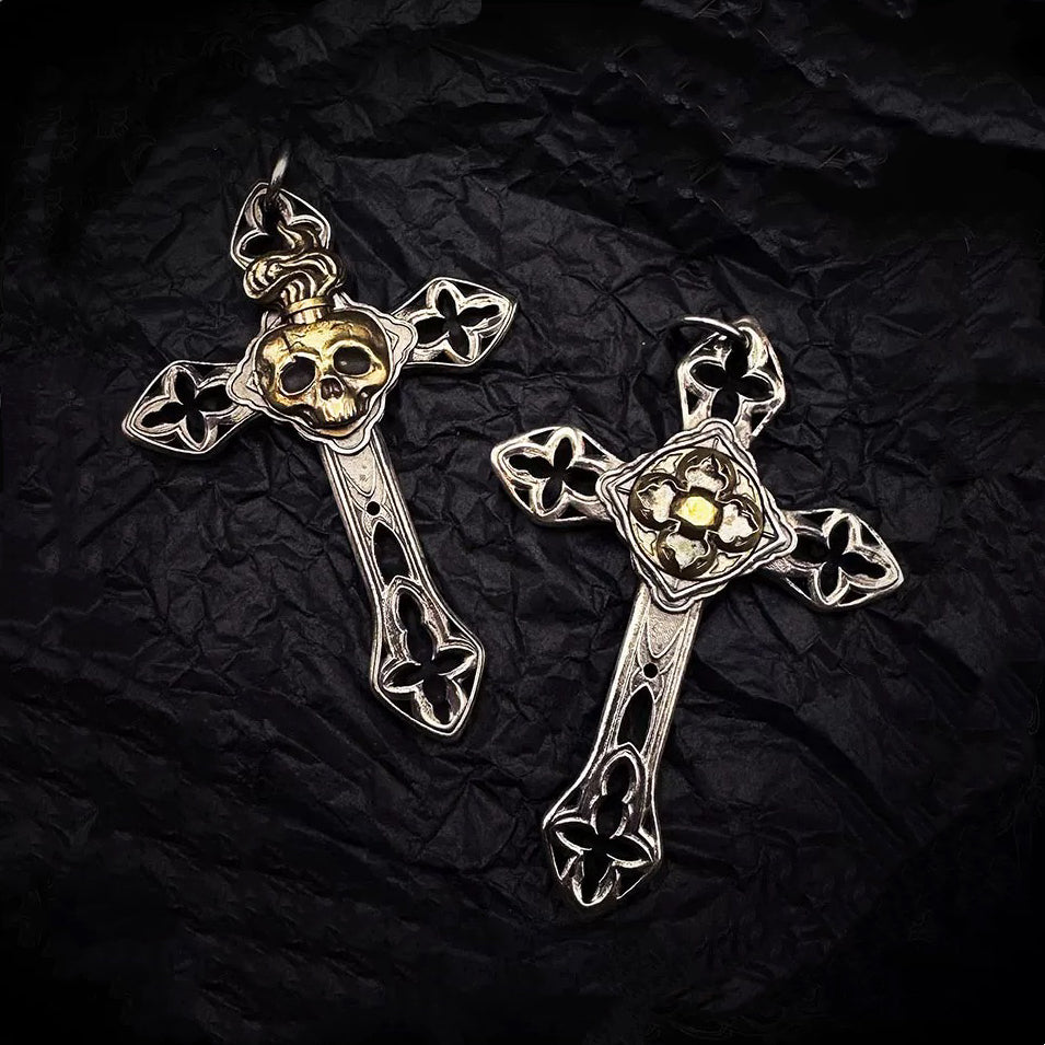 Gothic Medieval Skull Cross with Floral  Silver Necklace