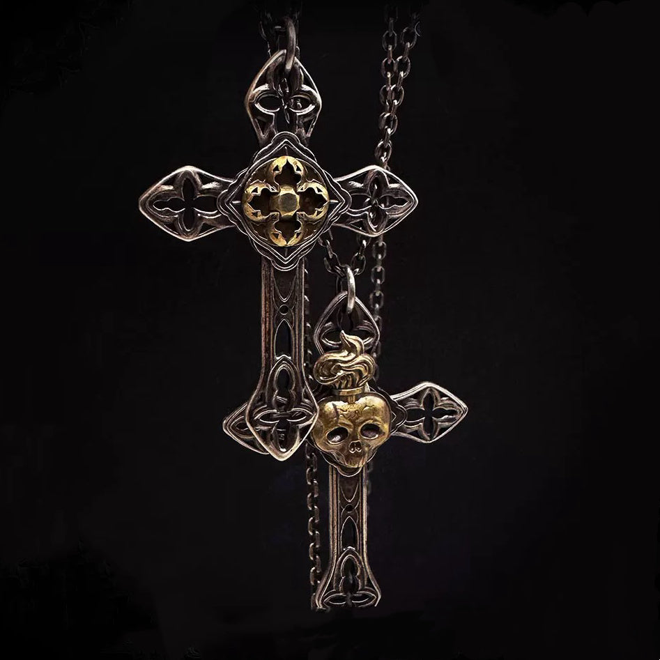 Gothic Medieval Skull Cross with Floral  Silver Necklace