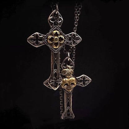 Gothic Medieval Skull Cross with Floral  Silver Necklace