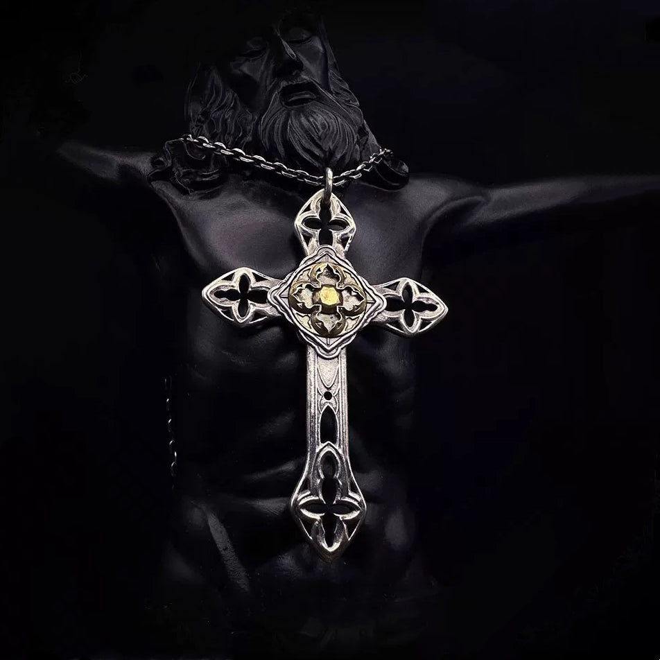 Gothic Medieval Skull Cross with Floral  Silver Necklace