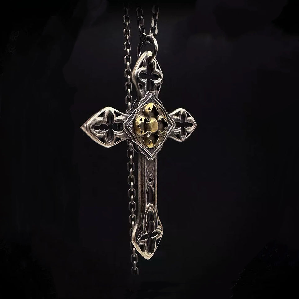 Gothic Medieval Skull Cross with Floral  Silver Necklace