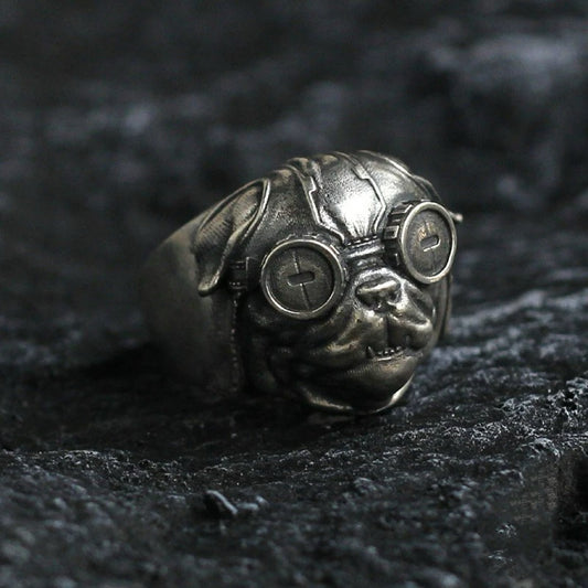 Vintage Pilot Pug Dog Men’s Silver Biker Ring