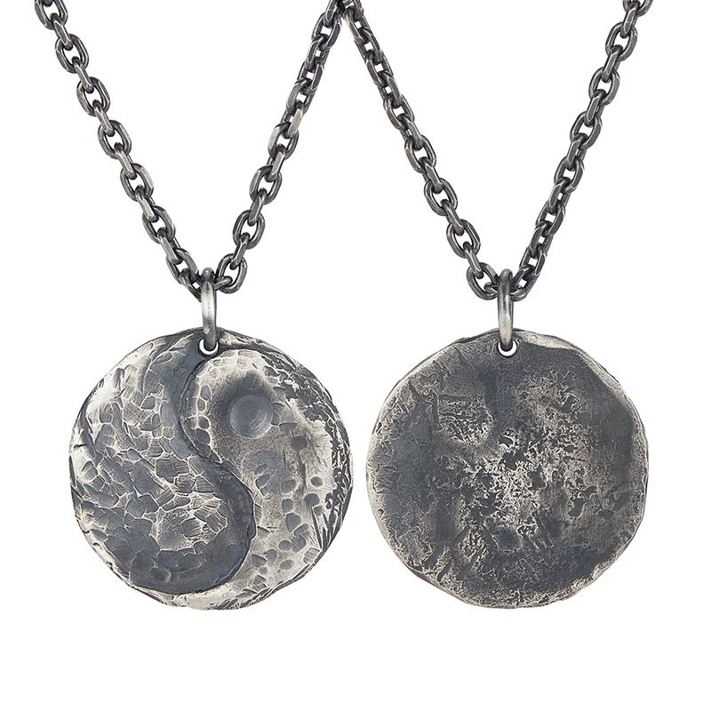 Hammered Yin Yang Symbol Circle Silver Necklace