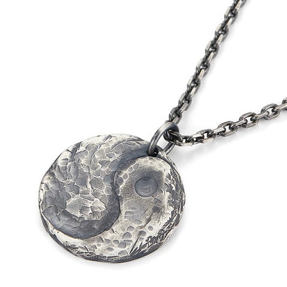 Hammered Yin Yang Symbol Circle Silver Necklace