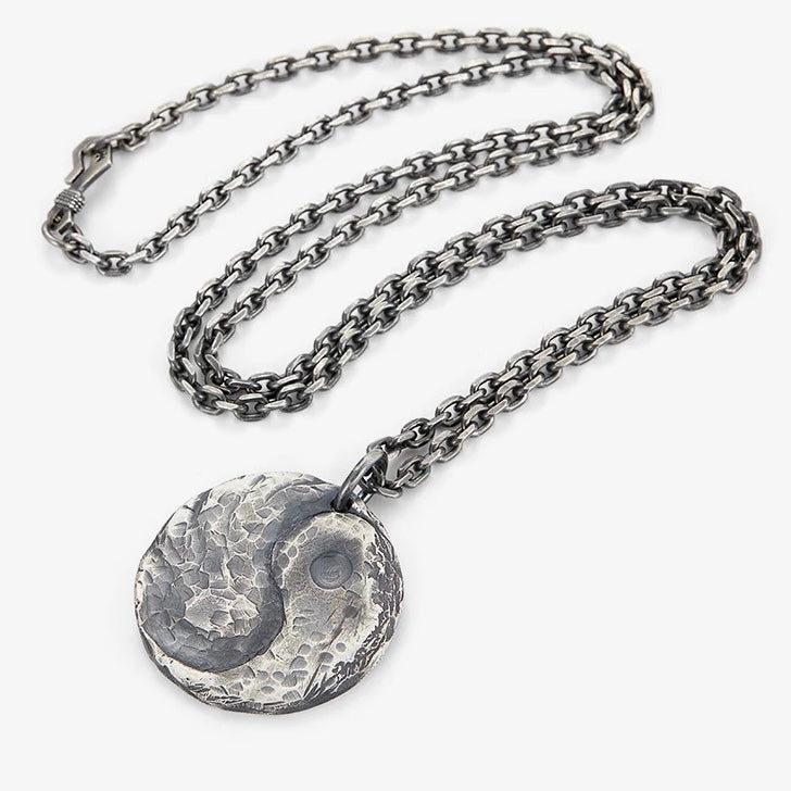 Hammered Yin Yang Symbol Circle Silver Necklace