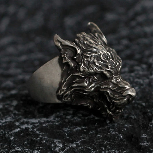 Vintage Viking Fenrir Wolf Men’s Silver Band Ring