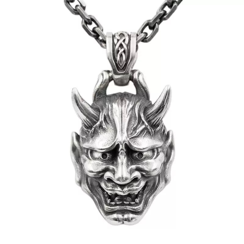 Japanese Demon Oni Hannya Mask Silver Necklace