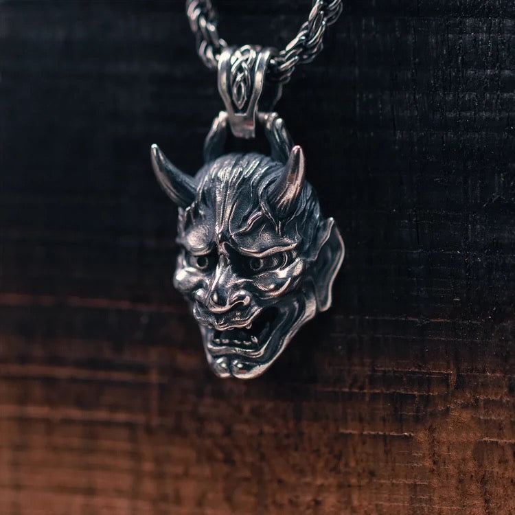 Japanese Demon Oni Hannya Mask Silver Necklace