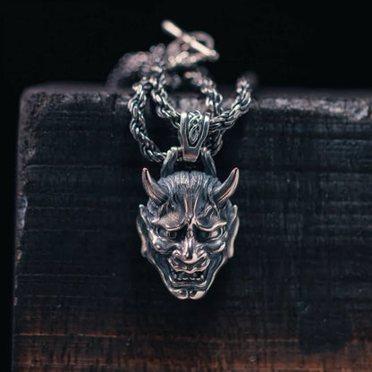 Japanese Demon Oni Hannya Mask Silver Necklace