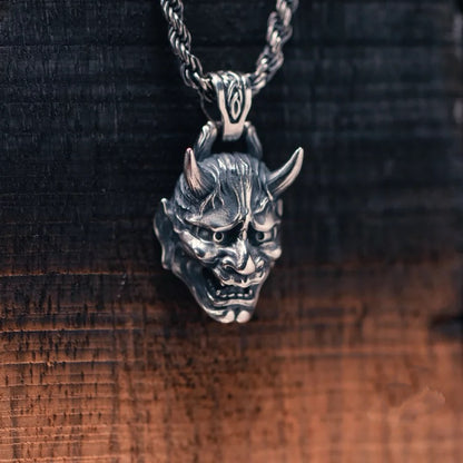 Japanese Demon Oni Hannya Mask Silver Necklace