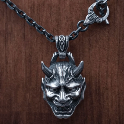 Japanese Demon Oni Hannya Mask Silver Necklace