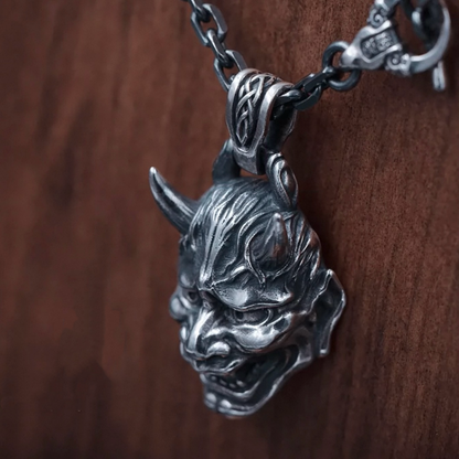 Japanese Demon Oni Hannya Mask Silver Necklace