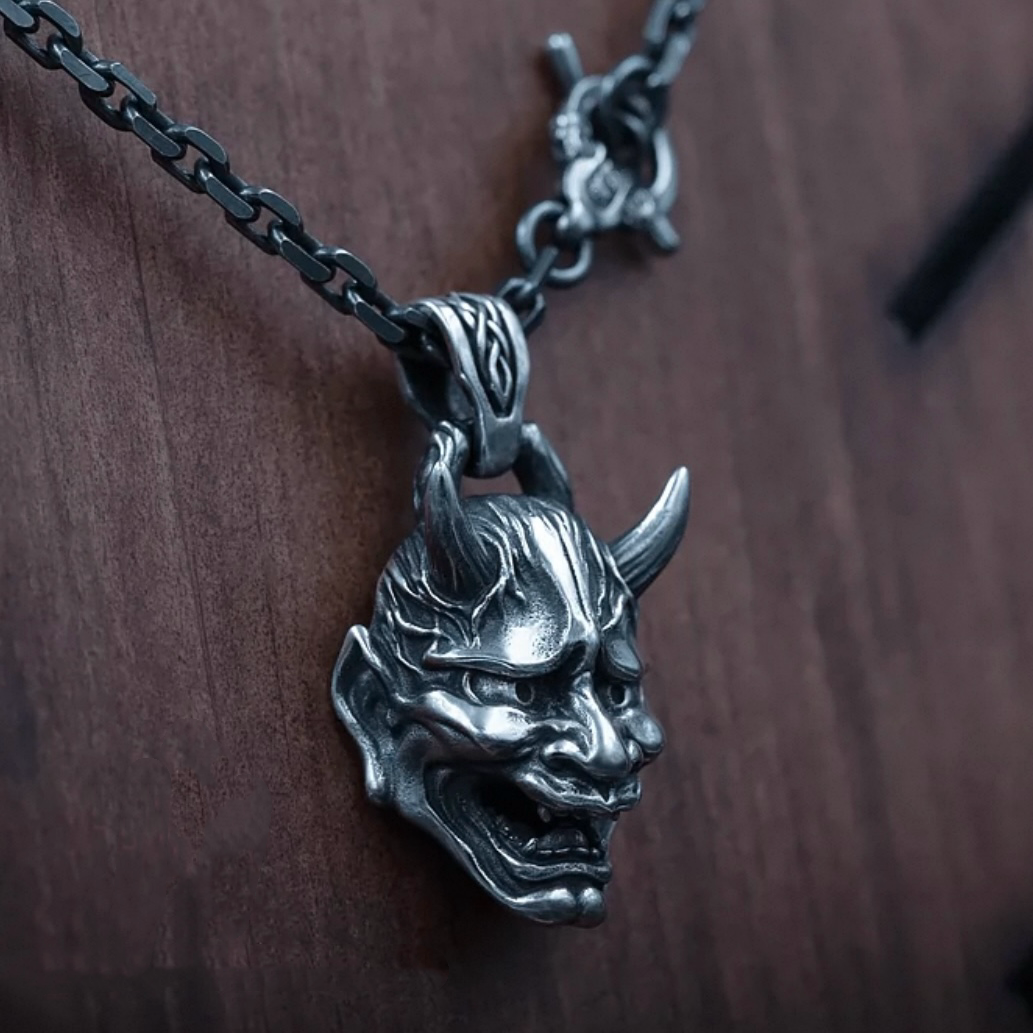 Japanese Demon Oni Hannya Mask Silver Necklace