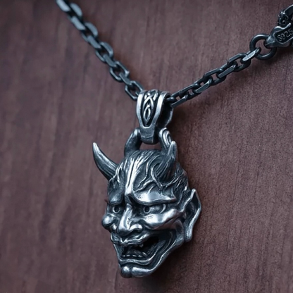 Japanese Demon Oni Hannya Mask Silver Necklace