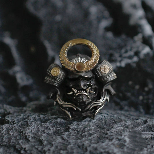 Japanese Demon Oni Hannya Mask with Gold Eclipse and O-Yoroi Samurai Armor Silver Ring