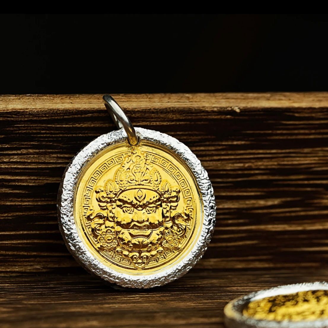 Gold-Gilded God of Wealth Talisman Circle Silver Necklace