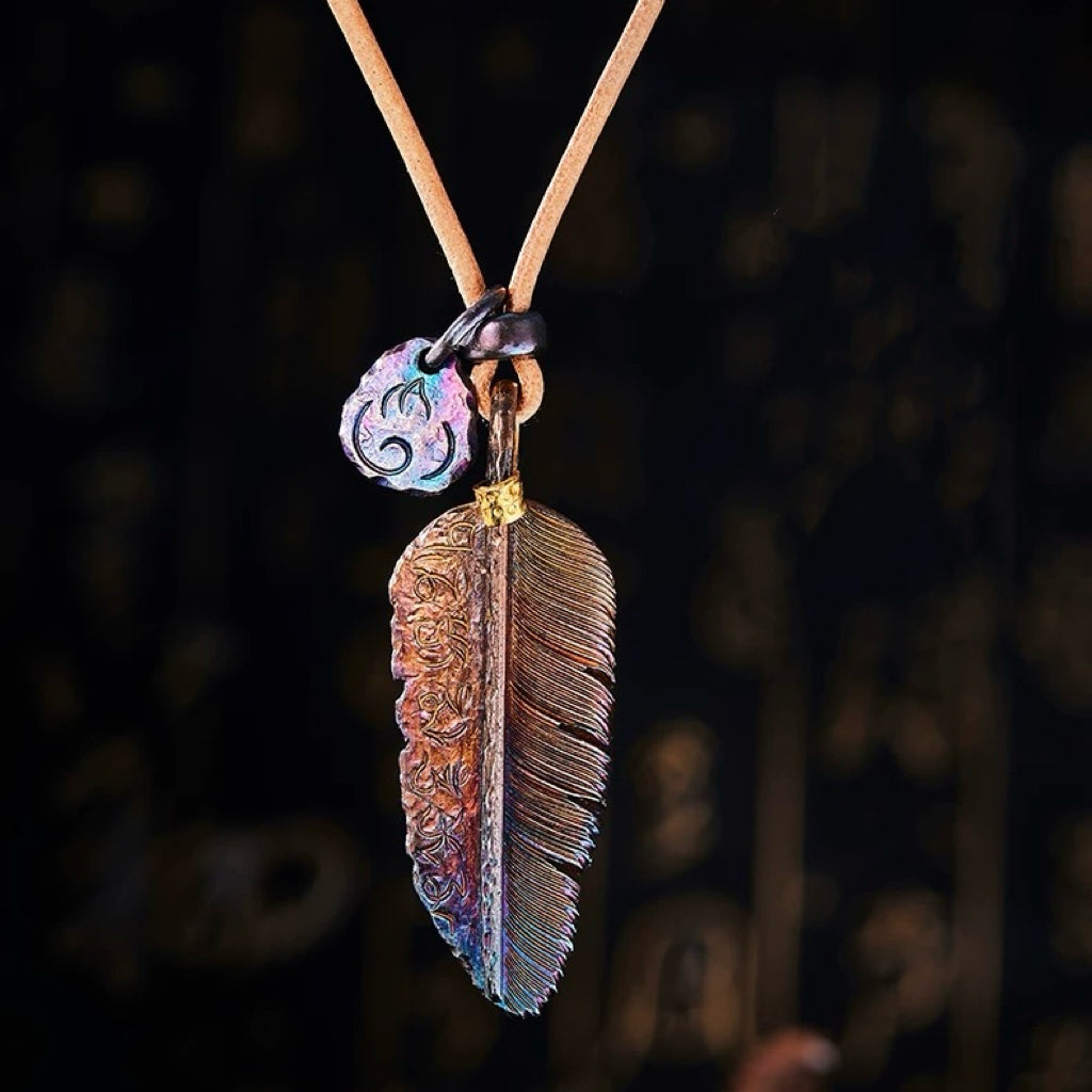 Multi-Colored Feather Silver Necklace with 24K Gold Accent