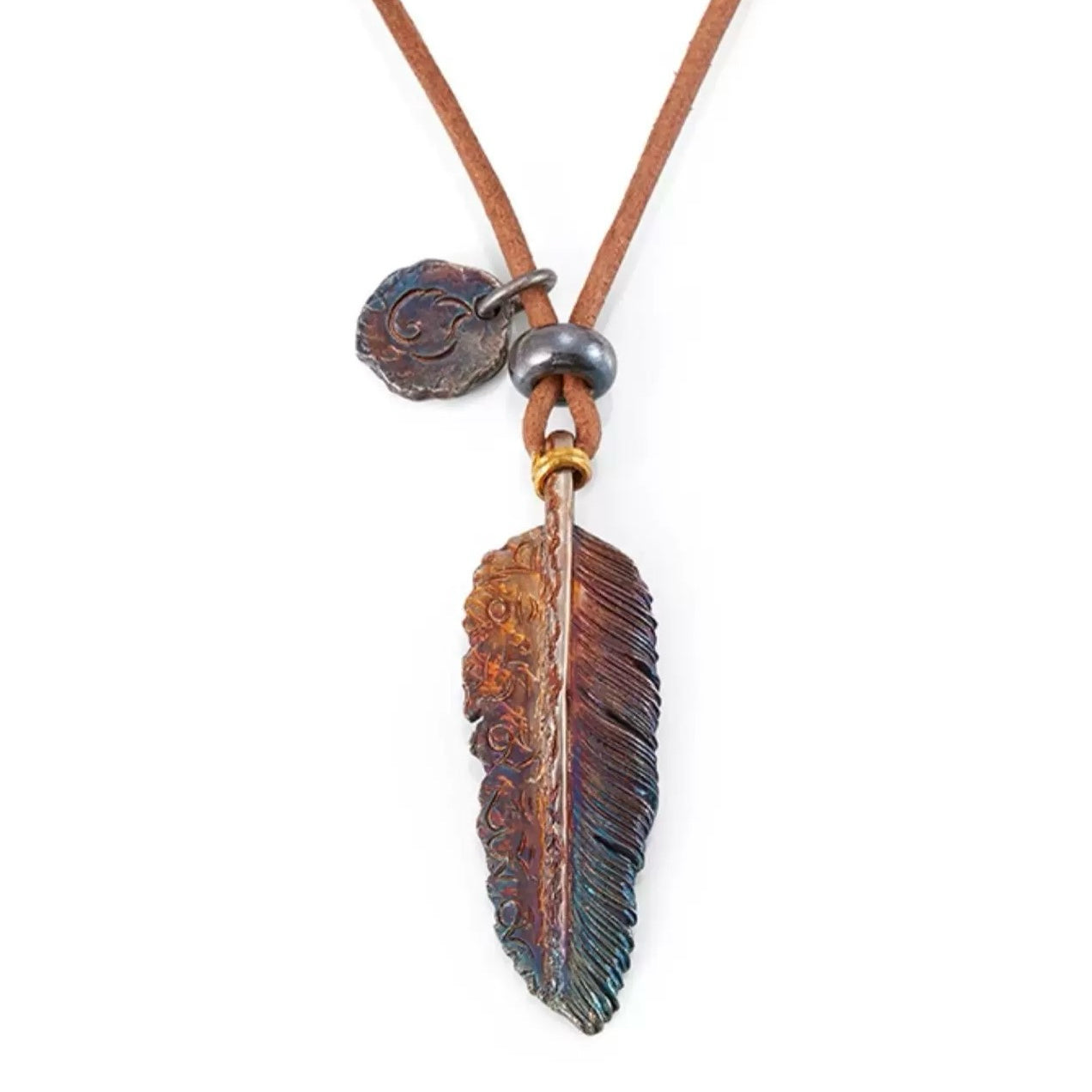 Multi-Colored Feather Silver Necklace with 24K Gold Accent