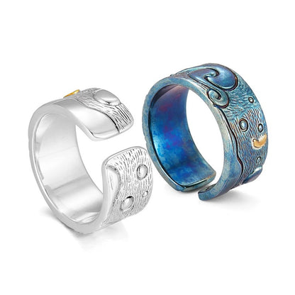 Van Gogh The Starry Night Artistic Silver Cuff Ring with Brass Accent