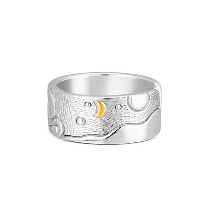 Van Gogh The Starry Night Artistic Silver Cuff Ring with Brass Accent