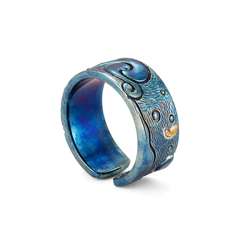 Van Gogh The Starry Night Artistic Silver Cuff Ring with Brass Accent