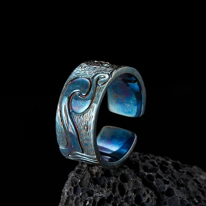 Van Gogh The Starry Night Artistic Silver Cuff Ring with Brass Accent