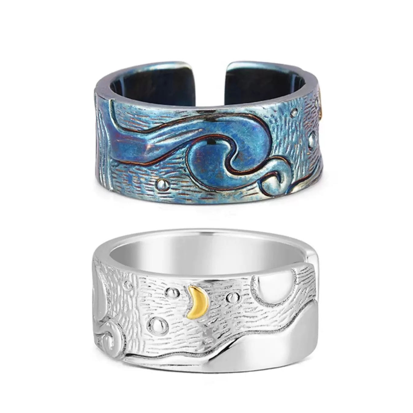 Van Gogh The Starry Night Artistic Silver Cuff Ring with Brass Accent