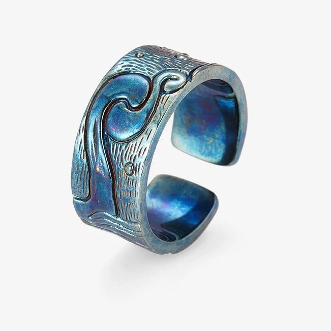 Van Gogh The Starry Night Artistic Silver Cuff Ring with Brass Accent