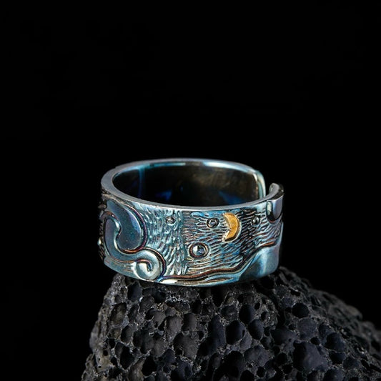 Van Gogh The Starry Night Artistic Silver Cuff Ring with Brass Accent