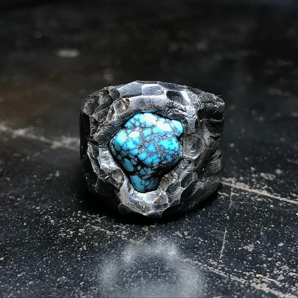 Rustic Solid Native American Turquoise Inlay Men’s Silver Ring