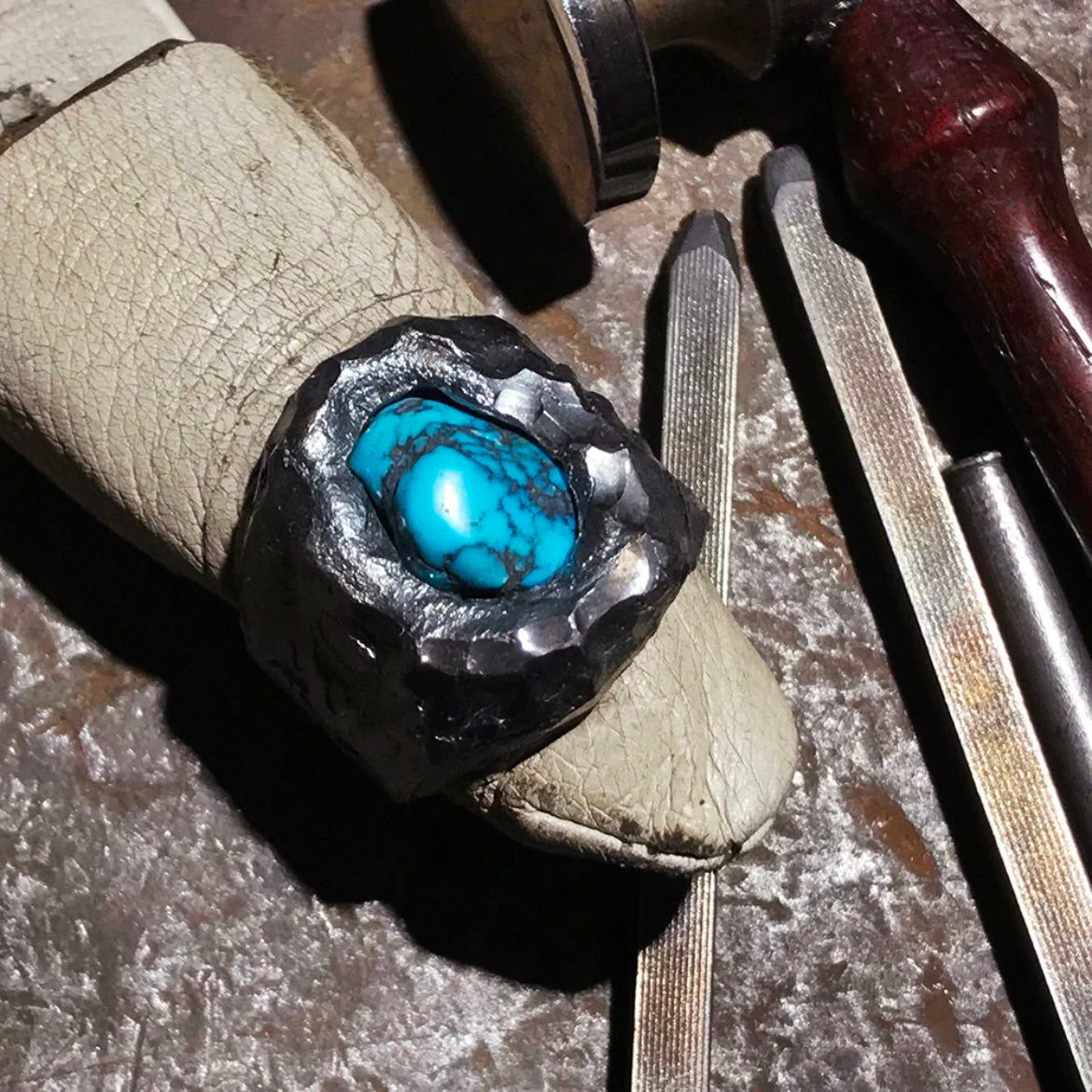 Rustic Solid Native American Turquoise Inlay Men’s Silver Ring