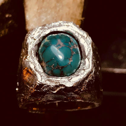 Rustic Solid Native American Turquoise Inlay Men’s Silver Ring