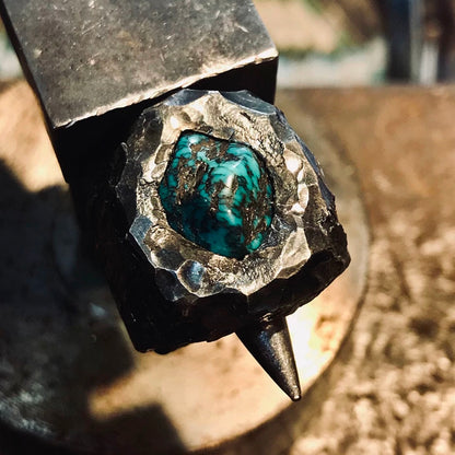 Rustic Solid Native American Turquoise Inlay Men’s Silver Ring