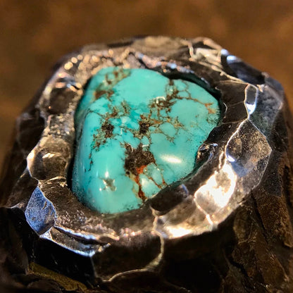 Rustic Solid Native American Turquoise Inlay Men’s Silver Ring